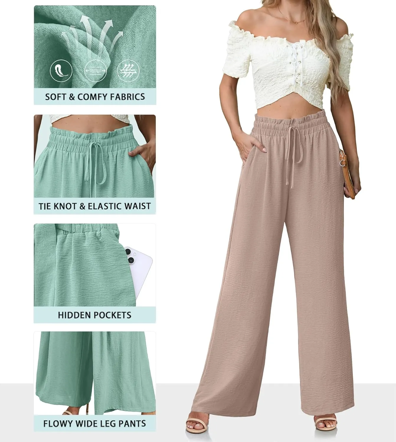 Women's High Waisted Wide Leg Pants Flowy Palazzo Pants Work Casual Tie Knot Pants with Pockets