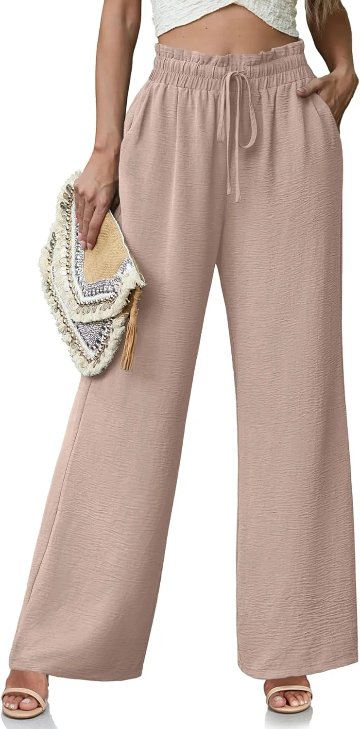 Women's High Waisted Wide Leg Pants Flowy Palazzo Pants Work Casual Tie Knot Pants with Pockets