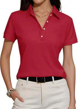 Womens Polo Shirts Summer Business Casual Work Tops Short Sleeve Button Down Collared V Neck Golf Blouse T-Shirt