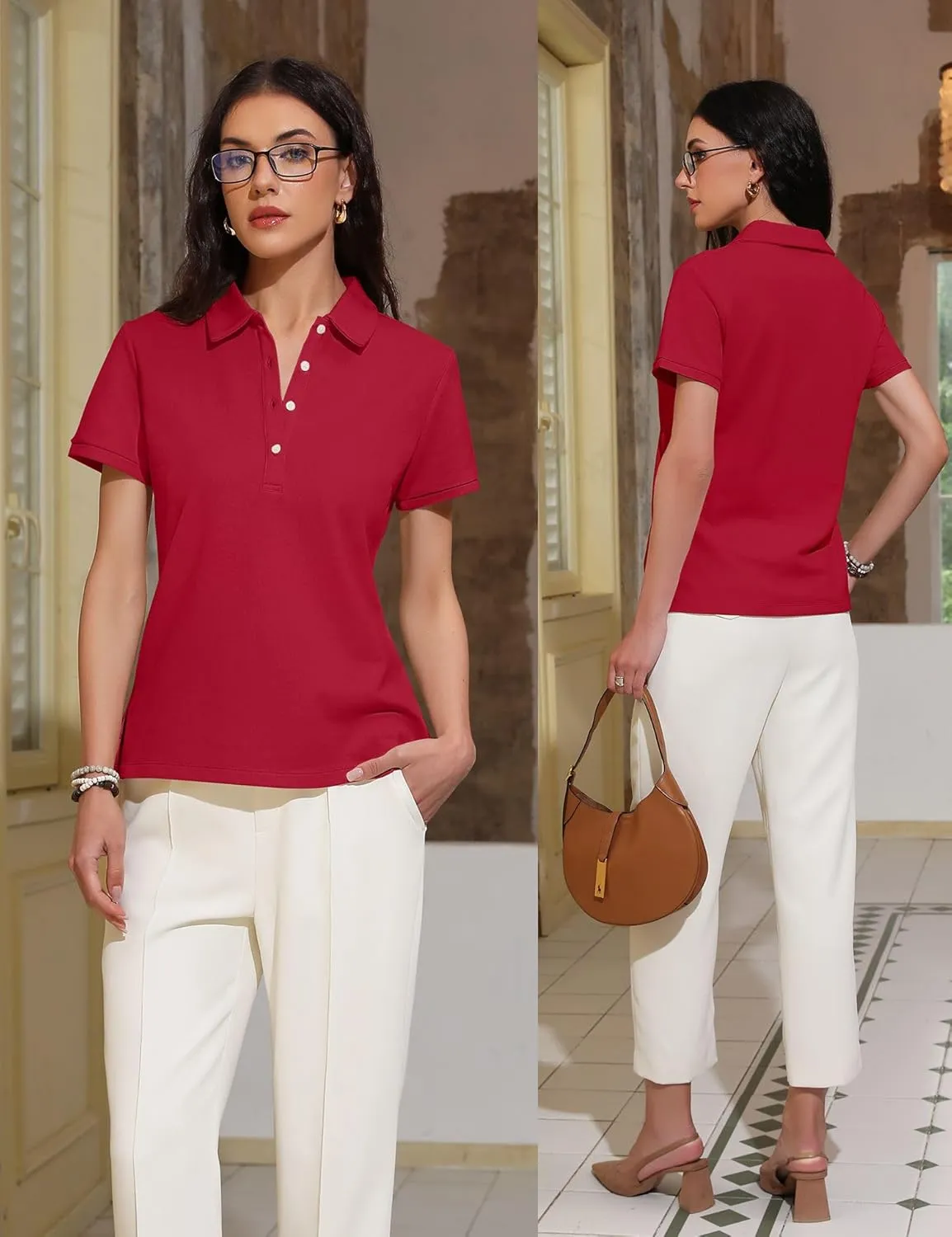 Womens Polo Shirts Summer Business Casual Work Tops Short Sleeve Button Down Collared V Neck Golf Blouse T-Shirt