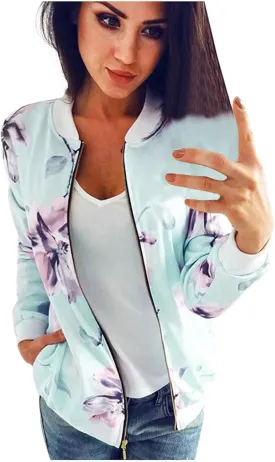 Womens Retro Floral Printing Zipper Jacket Vintage Baseball Jackets Casual Coat Outwear for Women