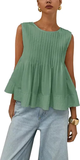 Womens Summer Tank Tops Pleated Babydoll Tops Sleeveless Peplum Casual Blouse T Shirts