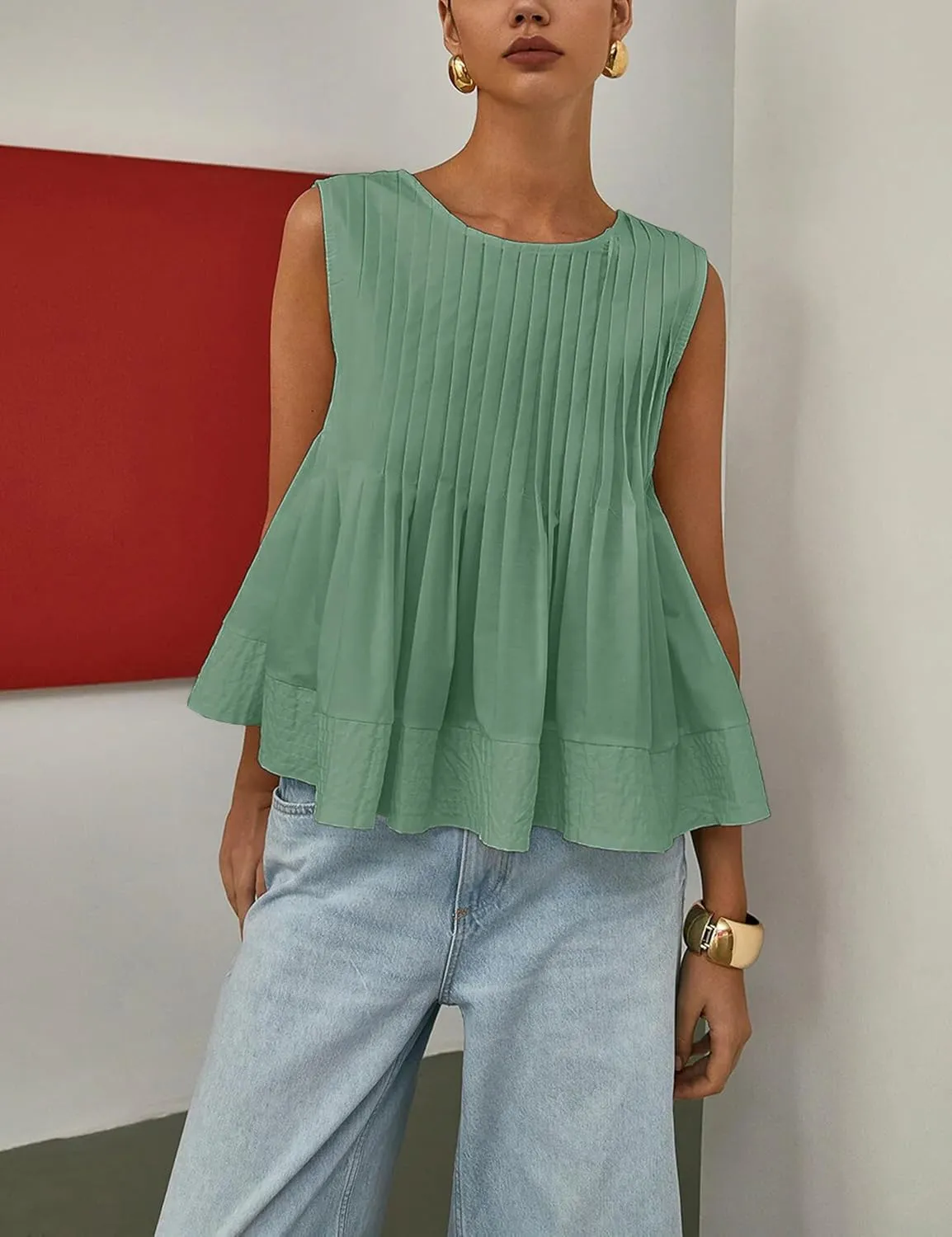 Womens Summer Tank Tops Pleated Babydoll Tops Sleeveless Peplum Casual Blouse T Shirts
