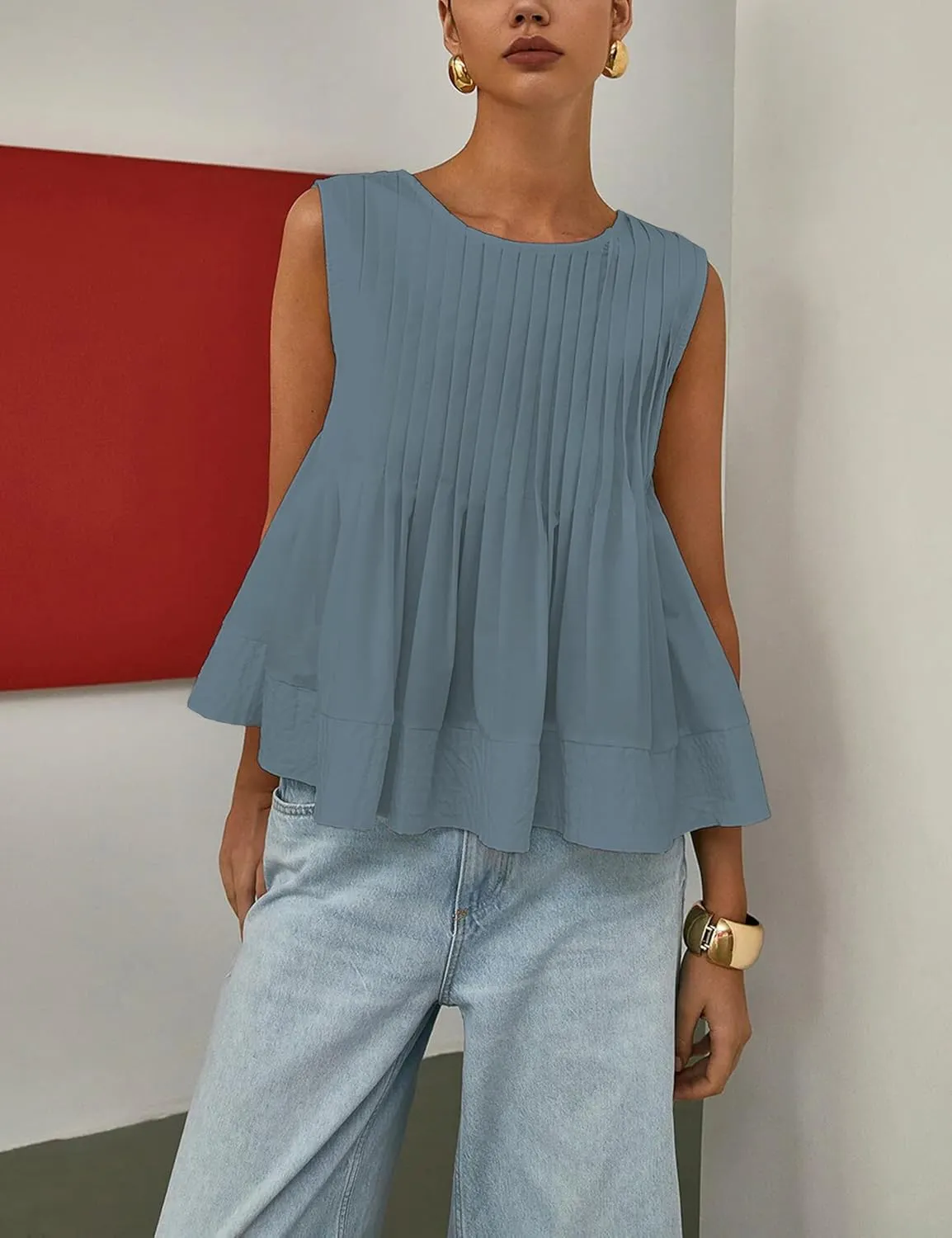 Womens Summer Tank Tops Pleated Babydoll Tops Sleeveless Peplum Casual Blouse T Shirts
