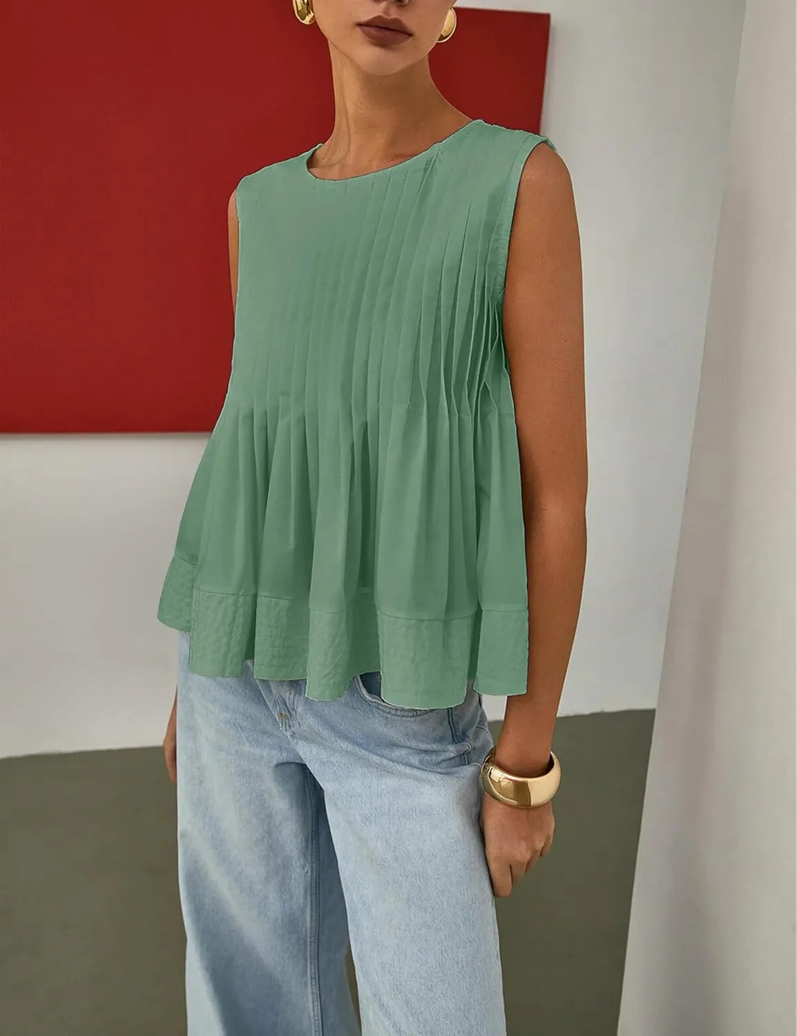 Womens Summer Tank Tops Pleated Babydoll Tops Sleeveless Peplum Casual Blouse T Shirts