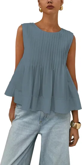 Womens Summer Tank Tops Pleated Babydoll Tops Sleeveless Peplum Casual Blouse T Shirts