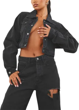 YouSexy Women's Cropped Denim Jacket Long Sleeve Distressed Jean Jackets Coat