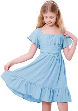 Zando Girls Dresses Tie Back Dress for Girls Ruffle Short Sleeve Dresses Tween Kids Off Shoulder Junior Dress 6-16 Years